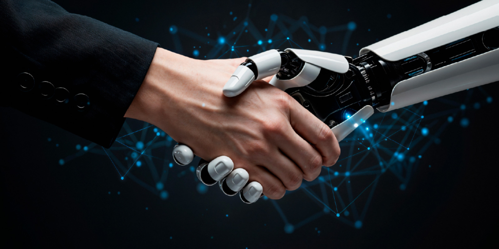 A human hand and a robotic hand shaking, symbolizing collaboration between humans and artificial intelligence with a digital network background.