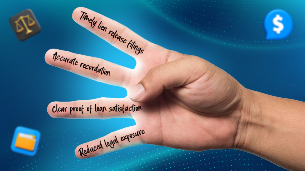 A hand showing five fingers, each labeled with key benefits of release tracking: timely lien release filings, accurate recordation, proof of loan satisfaction, and reduced legal exposure.