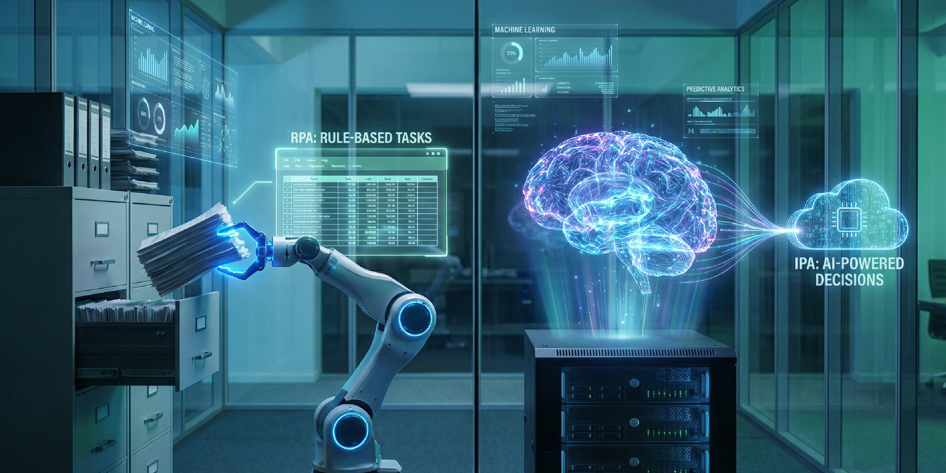 Robotic process automation arm handling paper files in an office while a holographic AI brain and cloud interface illustrate intelligent process automation and AI-powered decision-making.